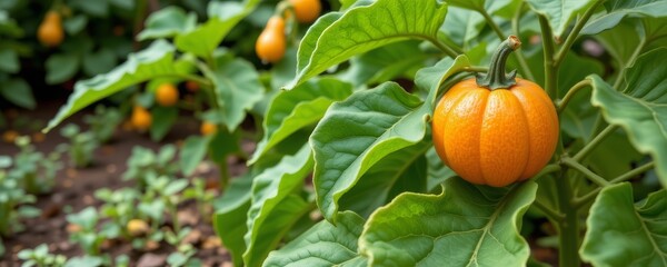 the image features a close up of an orange, round fruit growing among large green leaves and stems in an outdoor setting