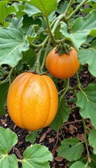 the image showcases two round, orange fruits hanging from a plant, appearing almost pumpkin like in shape and color