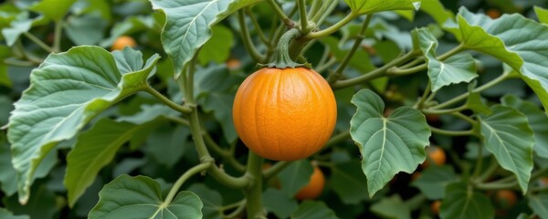 the image shows a round, orange fruit hanging from a green stem, surrounded by numerous large, green leaves