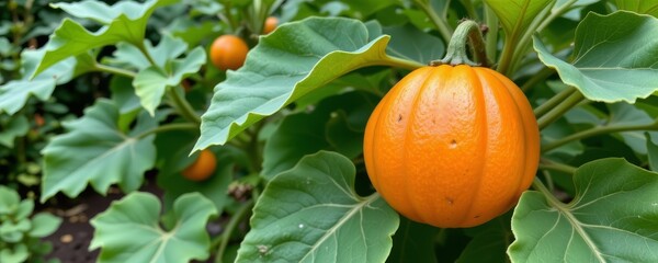 the image features a small orange gourd growing amidst green foliage in an outdoor setting