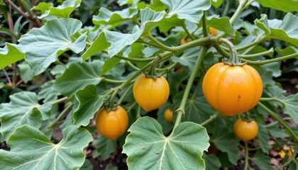 this image showcases a plant with rounded yellow fruits growing among verdant foliage
