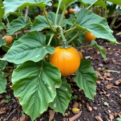 the image shows a vibrant plant with several round, orange fruits. these fruits hang from short stems amongst a dense arrangement of large, green leaves