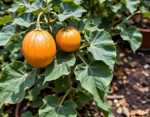 this image features a close up of a plant with large, broad green leaves and bright orange, round fruits. the fruits hang from stems connected to the main plant