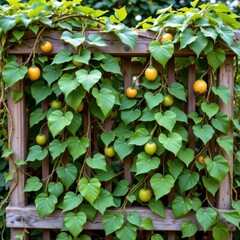 a wooden trellis is covered with a vine. the vine has vibrant green, heart shaped leaves. hanging among the leaves are round fruits in shades of green and yellow
