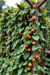 this is a close view of a wooden structure completely covered with a green leafy plant with small orange to red fruits