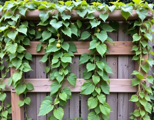 a trellis filled with verdant, heart shaped leaves stands against a textured, vertically paneled fence. the leaves cascade down the trellis, creating a lush, vibrant display