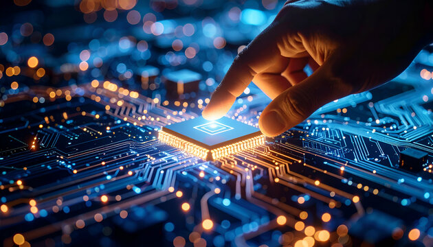 Abstract concept of quantum computing with hand and luminous qubit in a digital field.