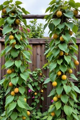 in an outdoor setting, two plant covered posts stand prominently against a backdrop of a tall wood fence and additional green foliage