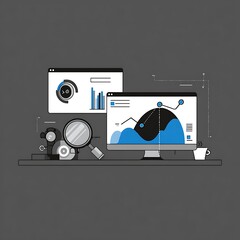 Multiple computer screens displaying data analysis.