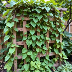 the image shows a wooden lattice structure covered in vibrant green foliage, likely situated in an outdoor garden