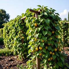 the image features a series of plants growing on wooden supports in an outdoor setting. the plants are covered in green foliage and produce round, yellow fruits