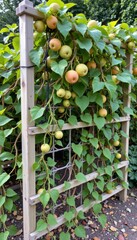 a climbing plant with round, fruit hangs from a trellis in an outdoor setting. the plant has large, heart shaped leaves and fruit ranging in color from green to golden yellow
