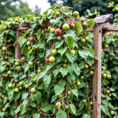 a wooden structure is covered by a climbing plant with green leaves and round fruits. some of the fruits are green and others are red, hanging among the foliage