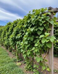 the photograph shows a row of plants growing on a support structure against a cloudy blue sky. the plants have bright green, heart shaped leaves that densely cover the structure