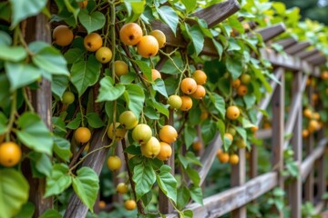 the scene depicts a wooden structure covered in vines and fruit. the structure has both vertical and horizontal wooden supports