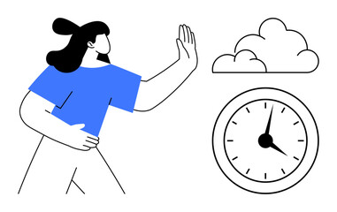 Woman raising hand in stop gesture towards cloud, next to an analog clock. Ideal for time management, technology balance, digital detox, productivity, focus, boundaries, and scheduling concepts