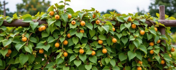 a vibrant scene features a trellis covered in lush green foliage and numerous yellow fruits