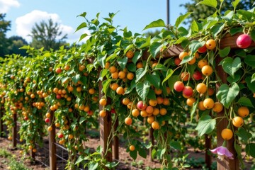 the image features a line of woody trellises covered in a vibrant vine with green foliage and a profusion of small, round fruits