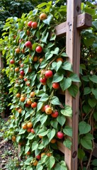 a wooden trellis is covered in climbing plants with vibrant green heart shaped leaves