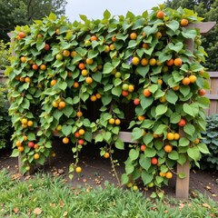 a wooden structure covered in leafy vines and round fruit sits in a garden