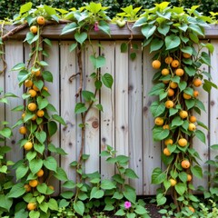 a light colored wood fence provides a backdrop for vines covered in lush green leaves and orange, rounded fruits