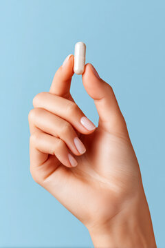 A woman's hand delicately holding a white capsule against a pastel blue background