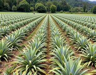 the image shows a vast field of spiky plants arranged in neat, repeating rows. the plants have long, pointed leaves with a mix of green and yellowish hues