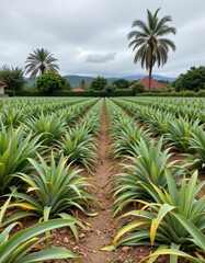 the image shows a cultivated field with rows of leafy plants stretching into the distance. the plants have spiky, green leaves with yellow edges
