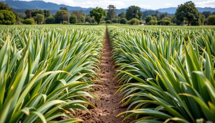 the image depicts a field of long, pointed green plants growing in neat rows with a visible path between them