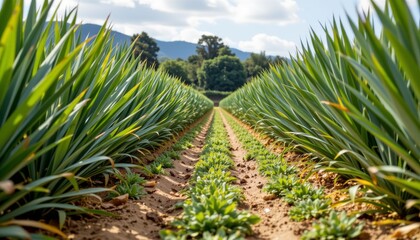 the image presents a neatly organized field with rows of spiky, green plants stretching into the distance