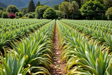 the image shows a large agricultural field filled with rows of green, spiky plants. these rows are separated by paths of dirt, creating a structured and orderly landscape