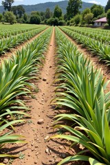 the image showcases a vibrant field filled with rows of green, leafy plants stretching into the distance