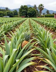 the image showcases a field of spiky leaved plants with a ripe fruit nestled amongst them in the foreground