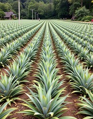 the image captures a large field filled with rows of plants that have pointed leaves. the rows extend far into the distance, converging towards the center of the image