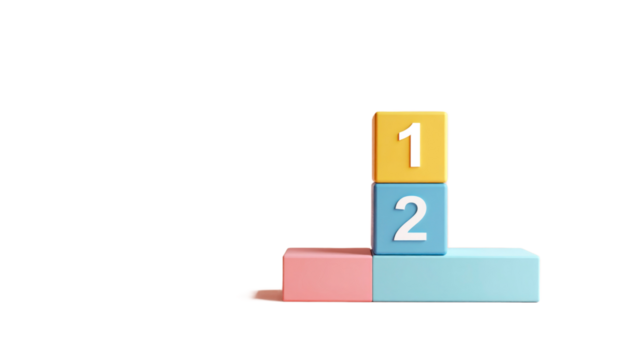 Colorful Geometric Podium with Numbers One and Two on Three Dimensional Blocks Isolated Transparent Background