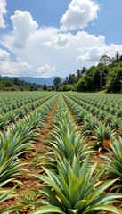 the scene presents a large field filled with numerous plants arranged in long, straight rows that recede into the distance