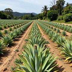 the image depicts an expansive agricultural field cultivated with rows upon rows of plants