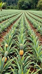 the image features long, symmetrical rows of a crop stretching out into the distance. each plant has multiple spiky green leaves, with some plants bearing a single mature fruit