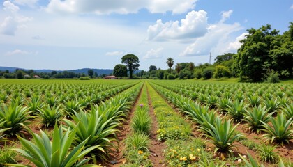 the image shows a large agricultural field with rows of spiky plants extending towards the horizon. between the rows are grasses and small wildflowers