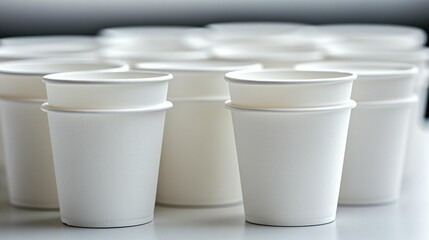 Many plain white disposable paper coffee cups stacked and arranged on a white surface