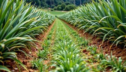 the image depicts a field of crops in rows. the plants in the foreground appear mature and are larger with pointed green leaves