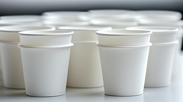 Many plain white disposable paper coffee cups stacked and arranged on a white surface