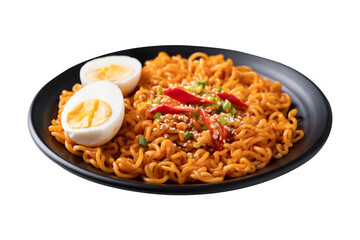 Spicy Korean dried instant noodles with boiled egg, sliced scallions, sesame seed and fresh chili on black plate
