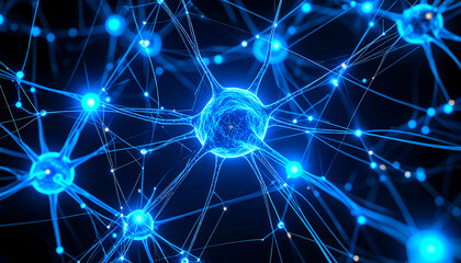Abstract visualization of a high-tech neural structure with glowing connection points and lines. Set against a black background, this digital design evokes deep learning, networking, and data flow.