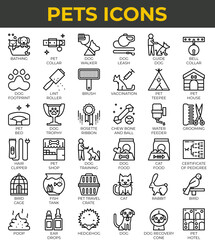 Pet Care Icons Bathing Leashes Food Grooming and Accessories in Line Art.