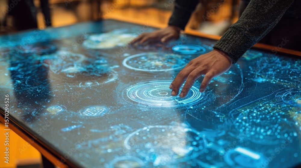 Poster interactive touchscreen display with digital graphics.