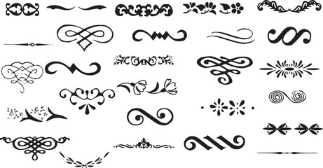 Classic ornate black scrollwork and flourish dividers: elegant vintage decorative design elements.