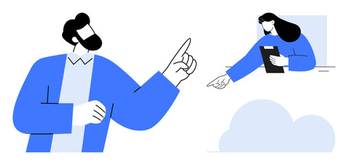 Two individuals interacting, one pointing forward and another holding a clipboard, indicating direction and teamwork. Ideal for collaboration, leadership, communication, strategy, planning