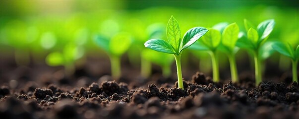 Thriving Green Seedlings in Rich Soil Vibrant Close-up of Healthy Plant Growth Nourished by Granular Fertilizer, Ideal for Gardening and Agriculture Content
