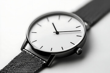 Elegant minimalist wristwatch with a silver band and stark white face offers a timeless sense of style, precision and a modern accessory appeal.